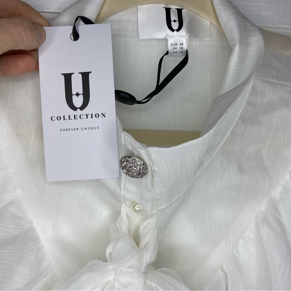 Forever Unique Organza Ruffle Trim Button Down Tie Blouse In White Size 14 - Picture 13 of 15